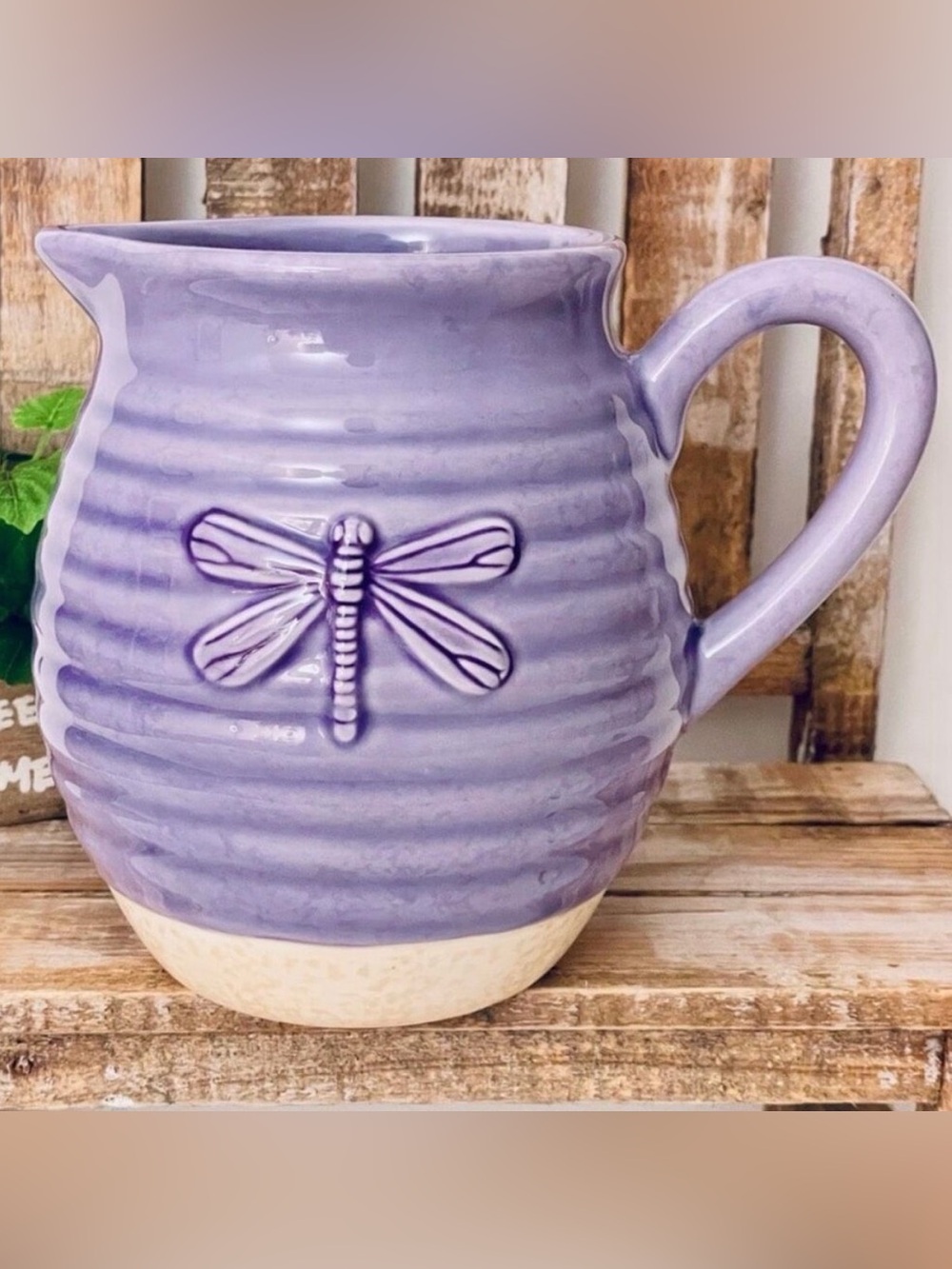 NWT RARE Teleflora Dragonfly Bouquet Pitcher Flower Vase Purple 6” Stoneware